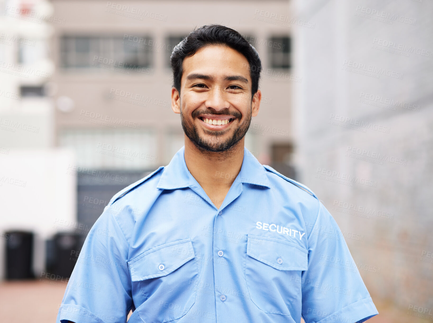 Buy stock photo Portrait, man and happy security guard for police service, crime protection and urban safety in city street. Law enforcement, professional bodyguard and asian male officer smile in blue shirt outdoor