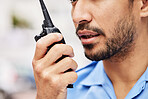 Walkie talkie, man and security guard for police service, backup support and safety. Closeup mouth of legal officer, bodyguard and radio communication for crime investigation to monitor surveillance