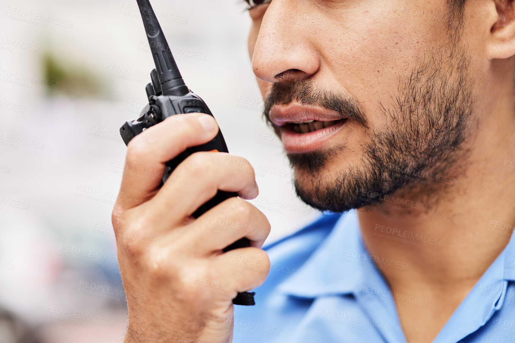 Buy stock photo Walkie talkie, man and security guard for police service, backup support and safety. Closeup mouth of legal officer, bodyguard and radio communication for crime investigation to monitor surveillance