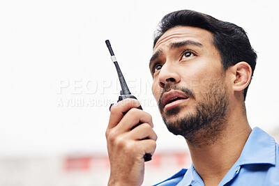 Buy stock photo Walkie talkie, man and face of security guard for safety, backup support and mockup space. Asian police officer, bodyguard and radio communication of crime investigation to monitor city surveillance