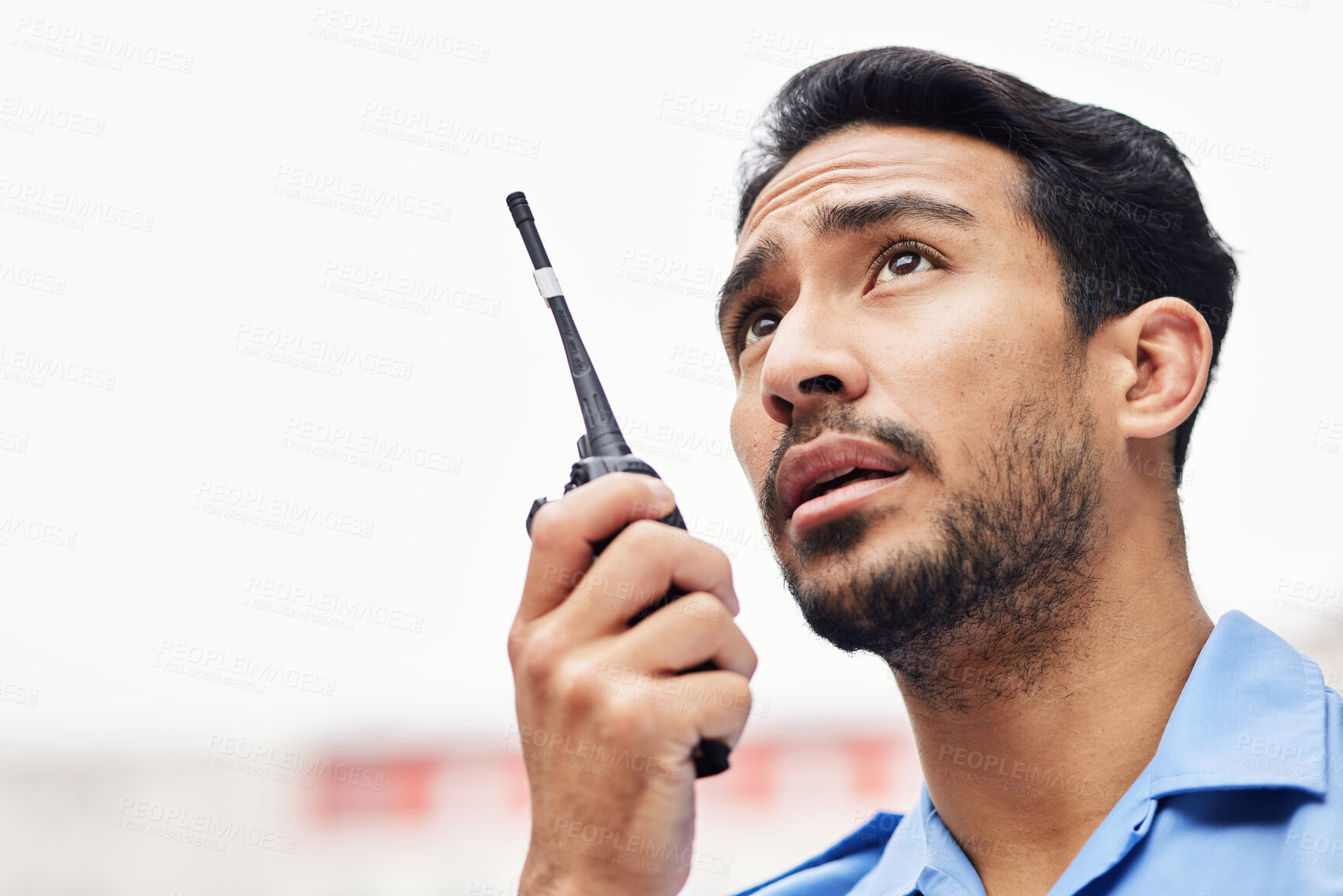 Buy stock photo Walkie talkie, man and face of security guard for safety, backup support and mockup space. Asian police officer, bodyguard and radio communication of crime investigation to monitor city surveillance