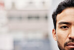 Serious, mockup and portrait of a man for branding, advertising or marketing on bokeh. Business, half face and an Asian businessman or corporate employee with space for corporate information