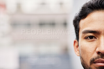 Buy stock photo Serious, mockup and portrait of a man for branding, advertising or marketing on bokeh. Business, half face and banner of an Asian businessman or young Asian employee with space for information