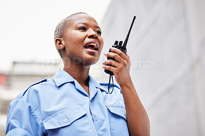 Buy stock photo Walkie talkie, woman and security guard with radio outdoor for safety, justice and call backup. Black female police officer, bodyguard and contact audio communication for crime watch and surveillance