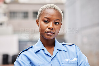 Buy stock photo Portrait, woman and security guard in city for surveillance service, safety and patrol. Law enforcement, bodyguard or face of black female police officer in blue shirt for crime watch in urban street