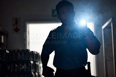Buy stock photo Flashlight, police and man in dark for investigation, inspection and property search at night. Surveillance, law and security male person with torch in room for safety, crime and protection service