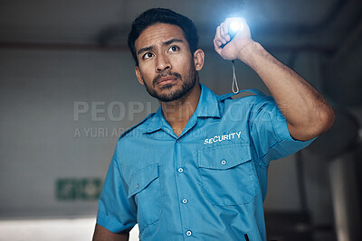 Buy stock photo Police, search and man with flashlight for investigation, inspection and property patrol at night. Surveillance, law and security male person in dark room for safety, crime and protection service