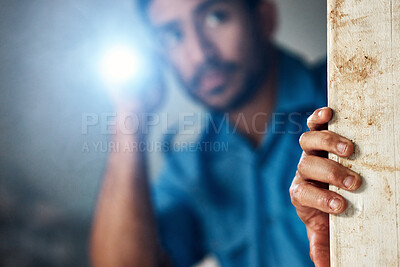 Buy stock photo Flashlight, police and security man for search, inspection and property investigation at night. Surveillance, law and male person in dark room with torch for safety, crime and protection service