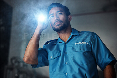 Buy stock photo Torch, security and man at night for investigation, inspection or property search in dark room. Surveillance, law and police male person with flashlight for safety, crime guard and protection service