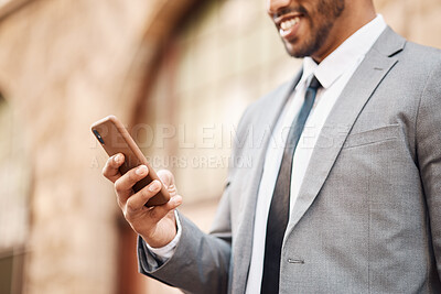 Buy stock photo Phone, happy and business man in city online for social media, networking and website in town. Travel, professional and closeup of male entrepreneur with smartphone for internet on morning commute