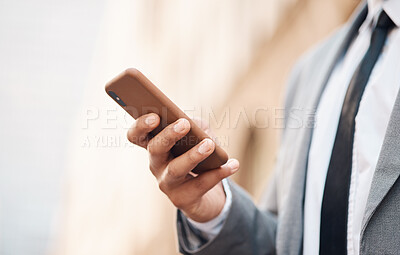 Buy stock photo Phone, hands and business man in city online for social media, networking and website in urban town. Travel, professional and closeup of male worker with smartphone for internet on morning commute