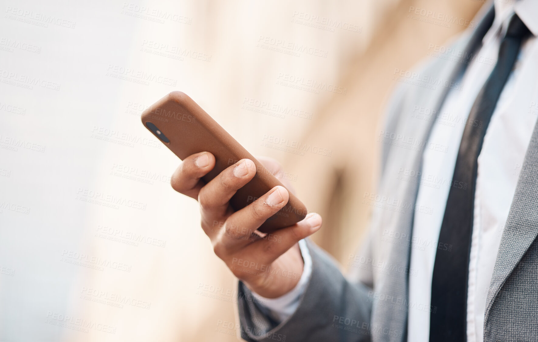 Buy stock photo Phone, hands and business man in city online for social media, networking and website in urban town. Travel, professional and closeup of male worker with smartphone for internet on morning commute