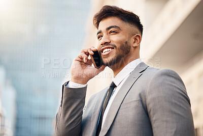 Buy stock photo Phone call, happy and young businessman in the city in a company consultation or conversation. Smile, technology and professional male lawyer talking on a cellphone for communication in an urban town