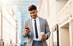 Phone, business and happy man with coffee in city online for social media, news and website in town. Travel, professional and male worker with drink and smartphone for internet on morning commute
