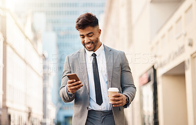 Buy stock photo Phone, business and happy man with coffee in city online for social media, news and website in town. Travel, professional and male worker with drink and smartphone for internet on morning commute