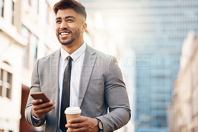 Buy stock photo Phone, happy and business man in city online for social media, networking and website in town. Travel, professional and male worker smile with coffee and smartphone for internet on morning commute