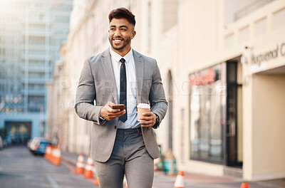 Buy stock photo Phone, walking and business man in city for social media, networking and website on morning commute. Travel, professional and happy male worker in road with coffee and smartphone for internet in town