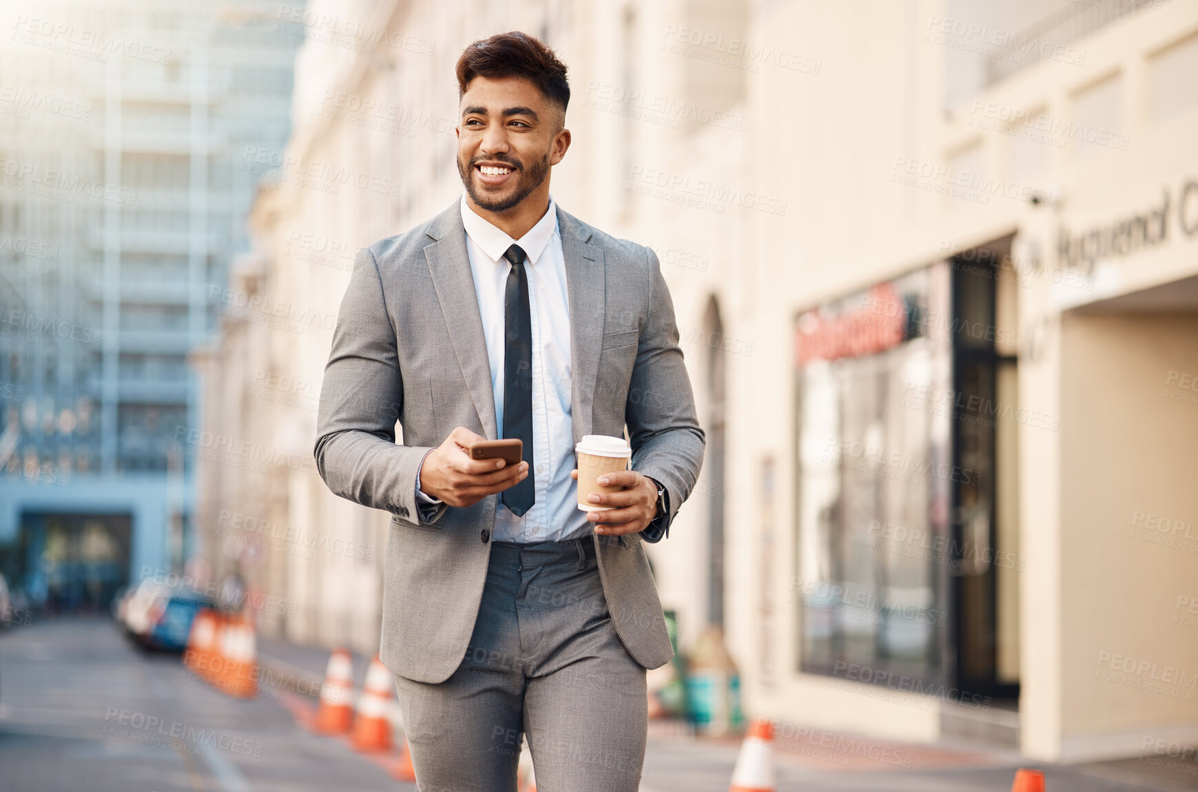 Buy stock photo Phone, walking and business man in city for social media, networking and website on morning commute. Travel, professional and happy male worker in road with coffee and smartphone for internet in town