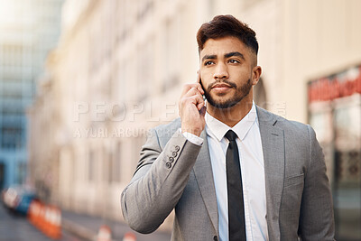 Buy stock photo Phone call, serious and professional businessman in the city in a company consultation or conversation. Technology, networking and male lawyer talking on cellphone for communication in an urban town.