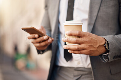 Buy stock photo Phone, coffee and business man in city online for social media, networking and website in town. Travel, professional and hands of male worker with drink and smartphone for internet on morning commute