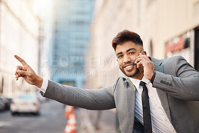 Buy stock photo Business man, phone call and stop at taxi, transport and smile with smartphone, booking and city sidewalk. Entrepreneur, phone and pointing for driver, car or chauffeur in metro road, cbd and outdoor
