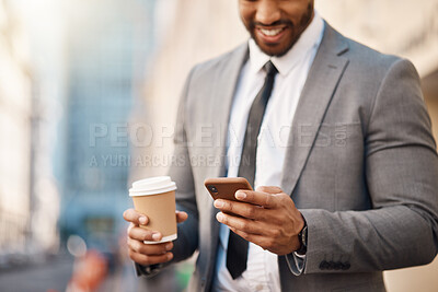 Buy stock photo City, phone and business man typing for social media, networking and website in urban town. Travel, professional and hands of male worker with coffee and smartphone for internet on morning commute
