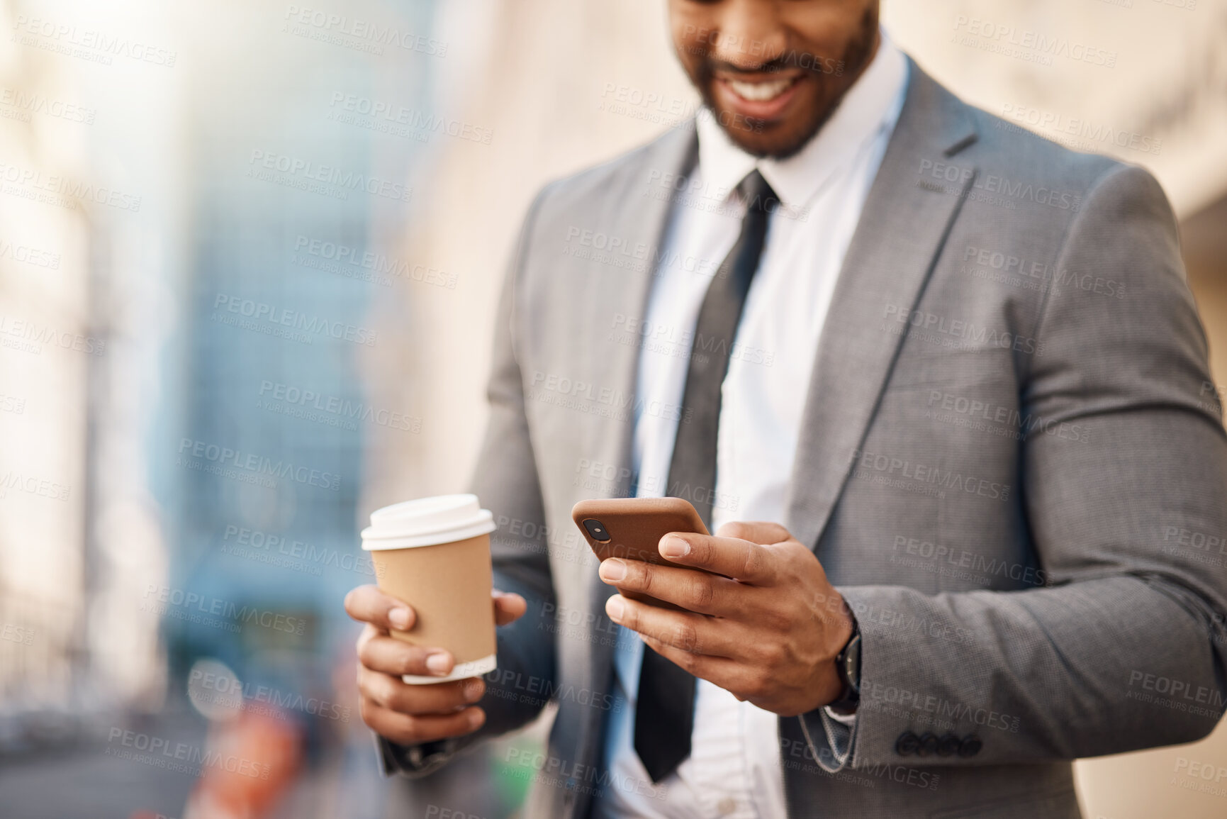 Buy stock photo City, phone and business man typing for social media, networking and website in urban town. Travel, professional and hands of male worker with coffee and smartphone for internet on morning commute