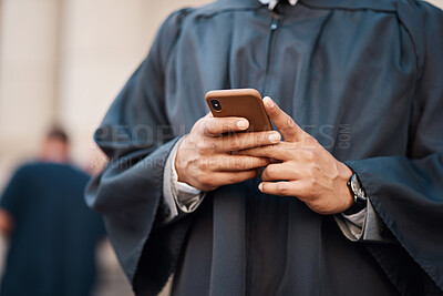 Buy stock photo Lawyer, hands and cellphone with judge for justice at courtroom in city for communication or research. Tech, legal and advice with advocate for consulting on mobile app for client with an attorney.