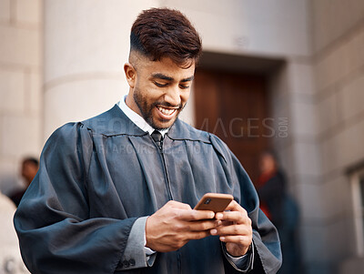 Buy stock photo Phone, judge and lawyer with man in city for social media, communication and networking. Justice, legal and advocate with male attorney at courtroom for research, technology and contact client