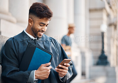Buy stock photo Lawyer man, city and text with phone, case documents and information for criminal defence in court battle. Young attorney, smartphone and chat with contact for litigation, evidence and justice system