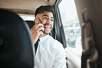 Happy business man, phone call and driving in car for communication, mobile networking and chat. Indian male worker, thinking and talking to smartphone contact while traveling in taxi transportation