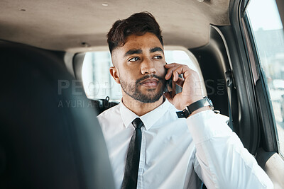 Buy stock photo Serious man, phone call and travel in business car for connection, mobile networking and journey. Indian male worker, thinking and talking to smartphone contact while driving in taxi transportation