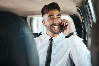 Buy stock photo Happy man, phone call and travel in business car on tech communication, mobile networking or journey. Indian male worker thinking of vision, talking to smartphone contact or driving in taxi transport
