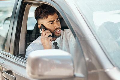 Buy stock photo Business man, phone call and driving in car for communication, mobile networking and chat in traffic. Indian male worker, driver and talking to contact, smartphone tech and travel in transportation