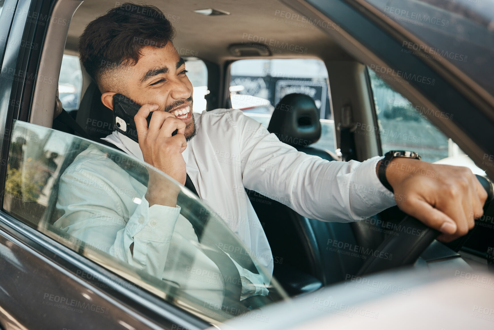 Buy stock photo Phone call, driving and man with a smile, communication and cheerful with connection, network and talking. Driver, male person and guy with a smartphone, travel and joy with contact and happiness