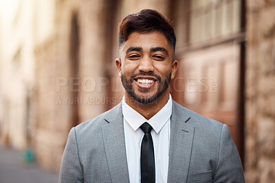 Buy stock photo Smile, lawyer and business with portrait of man in city for justice, manager  and pride. Happy, legal and advocate with face of male attorney at courthouse for advisor, corporate person or consultant