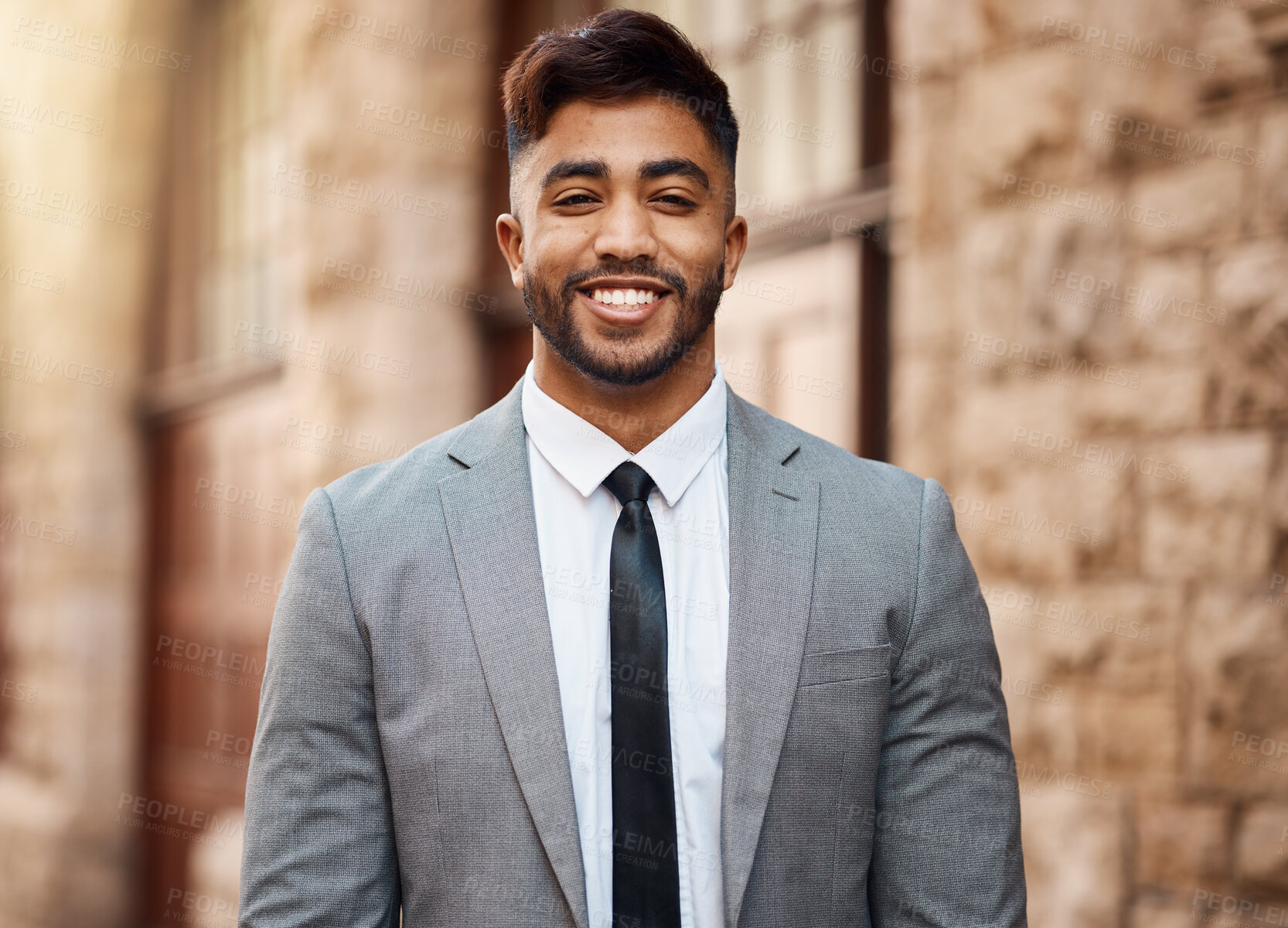 Buy stock photo Smile, lawyer and legal with portrait of man in city for justice, manager and pride. Happy, business and advocate with face of male attorney at courthouse for advisor, corporate and consultant