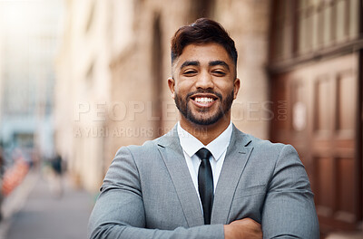 Buy stock photo Happy, lawyer and arms crossed with portrait of man in city for justice, business and pride. Smile, legal and advocate with face of male attorney at courthouse for advisor, corporate and consultant