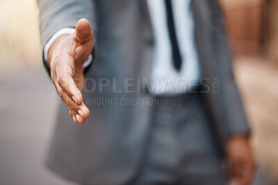 Buy stock photo Closeup, business man and offer handshake for introduction, meeting and hello for networking in city. Worker stretching for shaking hands, welcome and thank you for HR recruitment, promotion and deal