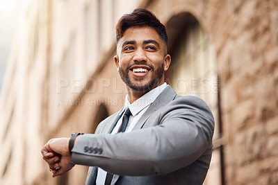 Buy stock photo Business man, happy and watch in city for clock, schedule and waiting for appointment, opportunity or taxi on sidewalk. Indian male worker, thinking and check wristwatch for time management or travel