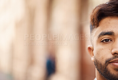 Buy stock photo Half portrait, mockup and serious businessman in city for travel, work and business. Space, corporate and a banner of the face of a young corporate worker in town for career advertising with bokeh