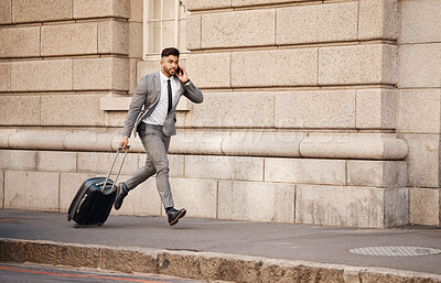Buy stock photo Business man, late and and run on phone call in city with commute and travel to work. Urban, road and professional person with mobile networking and stress in a street with entrepreneur and luggage