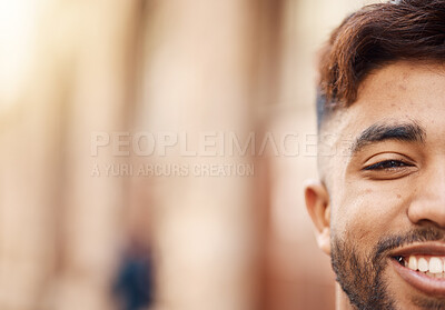 Buy stock photo Smile, half face and mockup for branding, advertising or marketing in the city. Happy, space and portrait of a person, employee or worker with confidence for recruitment or professional career