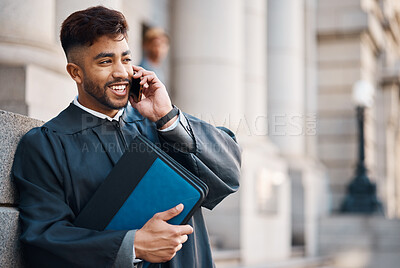 Buy stock photo Lawyer man, city and smile with phone call, case documents and court battle with information for criminal defence. Young attorney, smartphone and contact for litigation, evidence and justice system