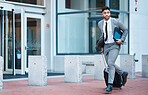 Businessman outside office, suitcase and running for travel rush, lawyer at law firm for work commute. Folder, luggage and man on sidewalk, attorney with hurry on city street and late to courtroom.