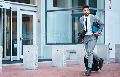 Buy stock photo Businessman outside office, suitcase and running for travel rush, lawyer at law firm for work commute. Folder, luggage and business man on sidewalk, attorney with hurry on city street and late to job