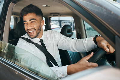 Buy stock photo Business man, smile and driving car for morning commute, transportation and journey in traffic. Happy corporate indian male employee, travel and driver at steering wheel, auto vehicle or trip to work