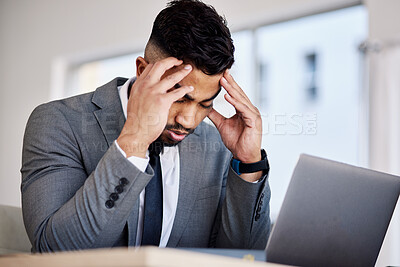 Buy stock photo Stress, laptop and headache with business man in office for anxiety, tax and burnout. Mental health, glitch and tired with lawyer and legal research in law firm for frustrated, confused and fatigue