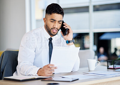 Buy stock photo Corporate, phone call and man with paperwork, communication and serious with financial consultant, contact or talking. Male person, employee or broker with a smartphone, documents and conversation
