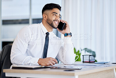 Buy stock photo Business, phone call and man with a smile, communication and connection with financial consultant, network or talking. Male person, employee or entrepreneur with a smartphone, broker and conversation